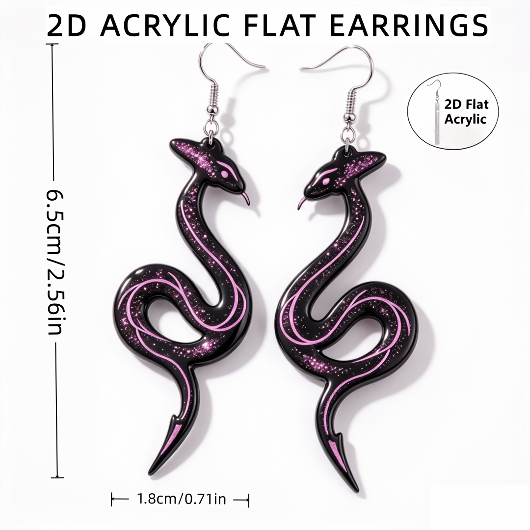 Gothic 2D Flat Acrylic Curved Snake Drop Earrings